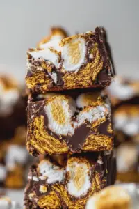 No bake s'mores bars cut into squares with chocolate and marshmallows, styled on a wooden board.