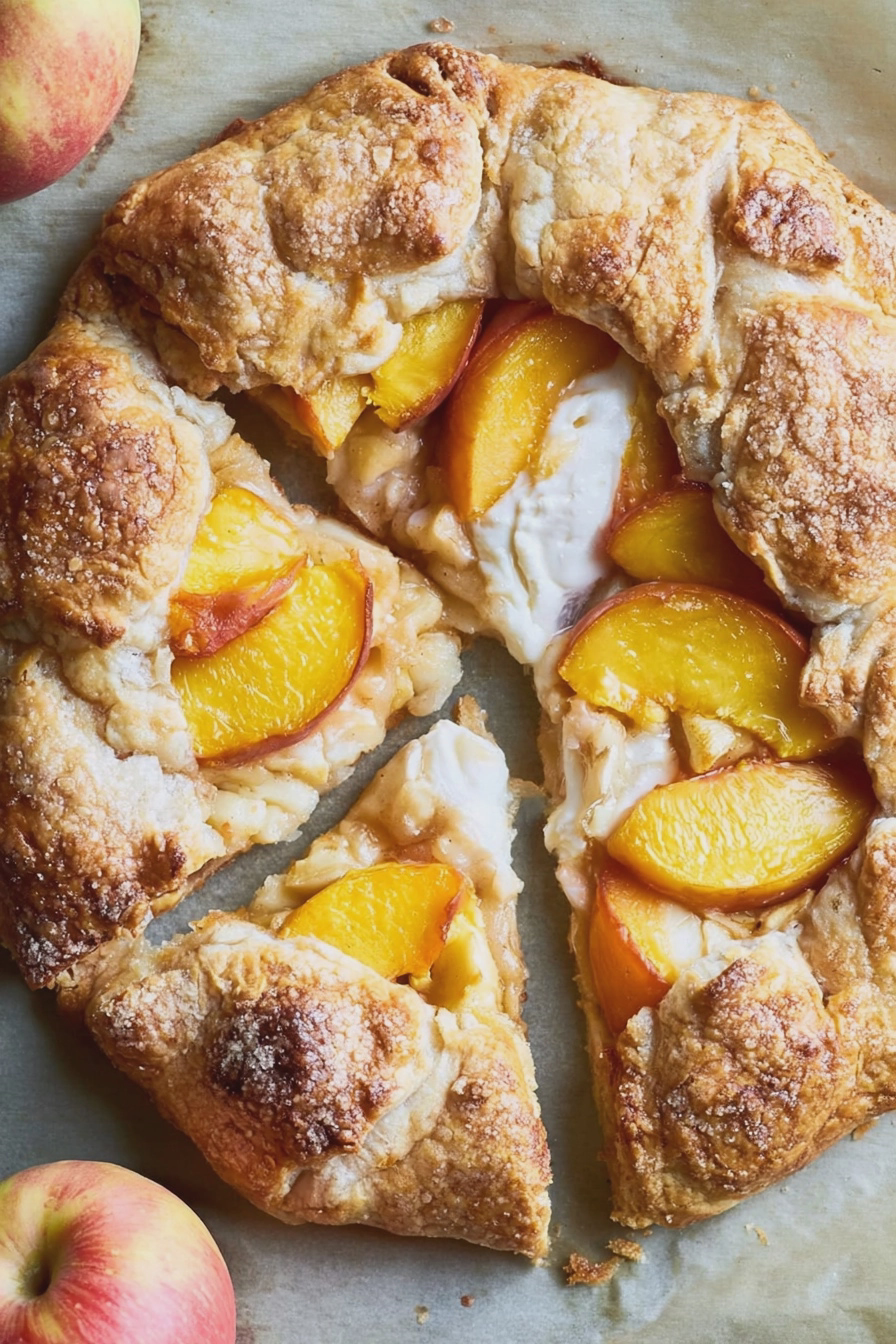 Delicious peach apple galette on a wooden table, surrounded by fresh peaches and apples.