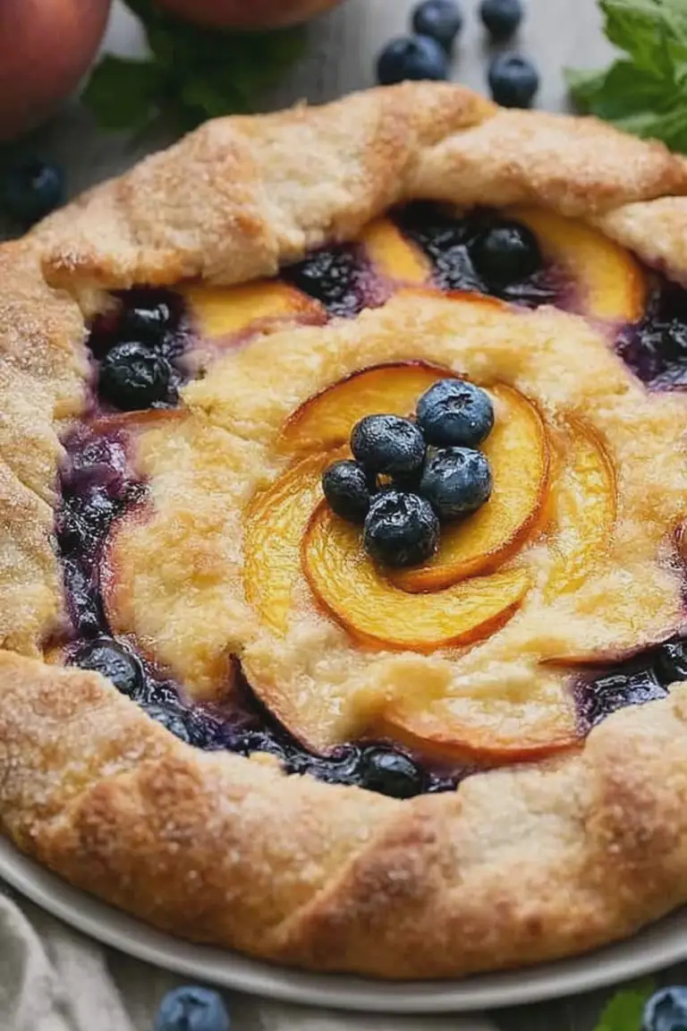 Freshly baked peach blueberry galette on a rustic wooden table with fresh peaches and blueberries.