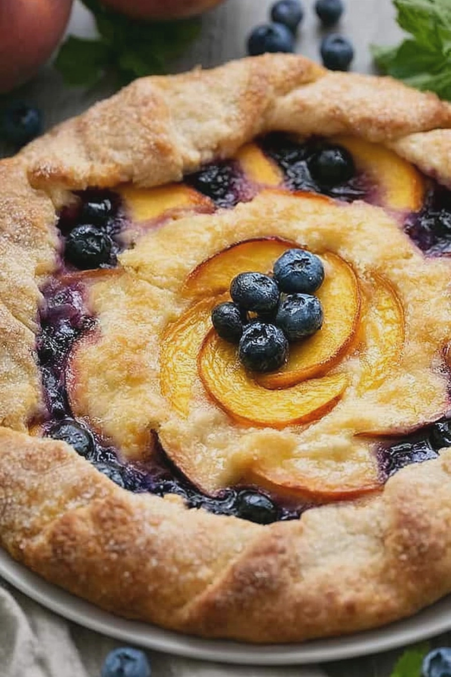 Freshly baked peach blueberry galette on a rustic wooden table with fresh peaches and blueberries.