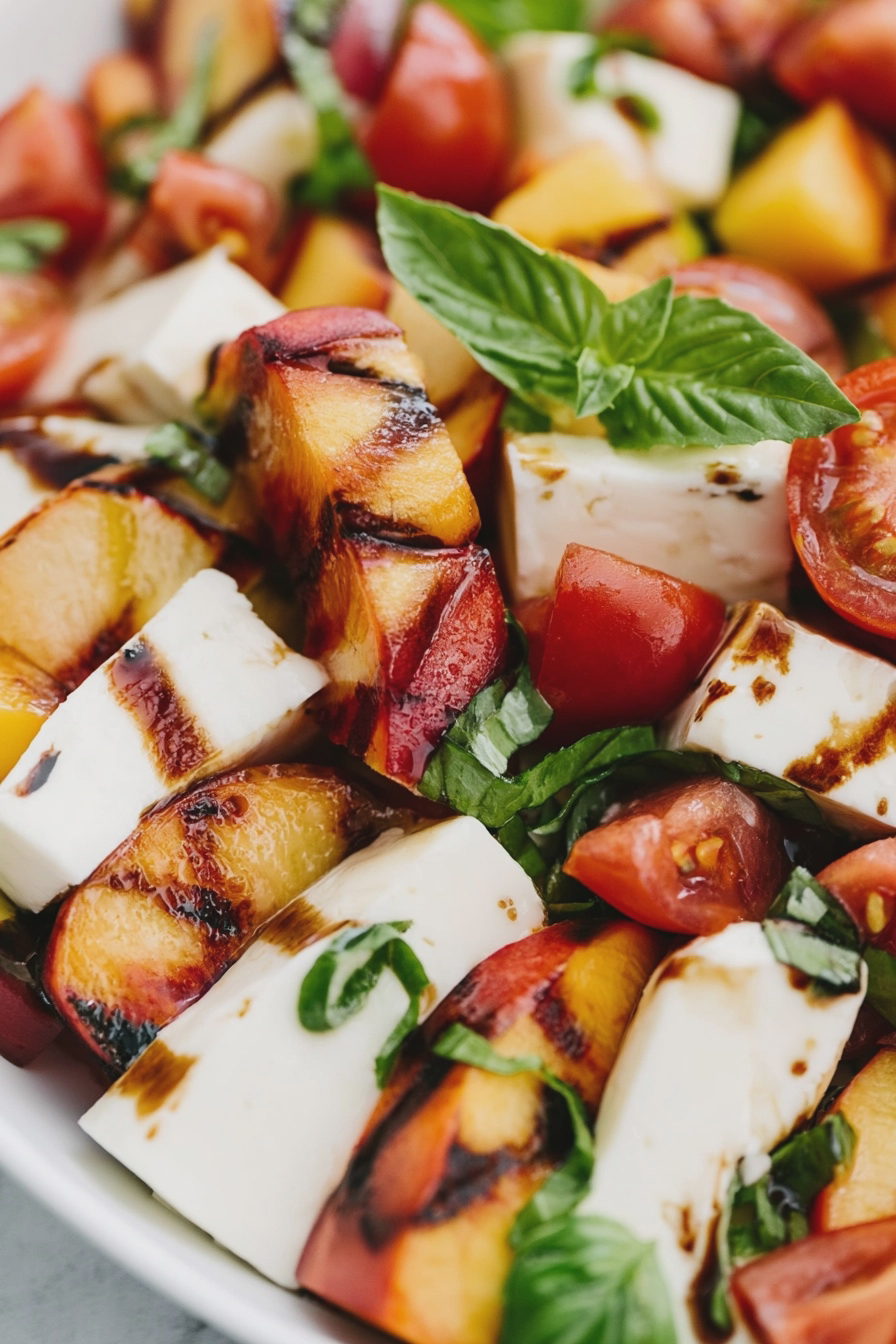 Vibrant Peach Caprese salad with peaches, tomatoes, and mozzarella on a rustic wooden table.