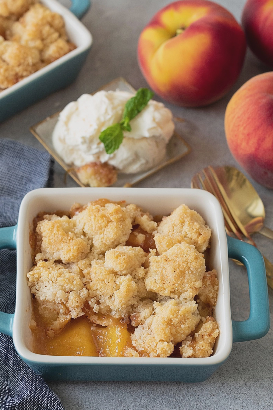 Delicious peach cobbler for two served in ramekins with fresh peach slices and mint on a wooden table.