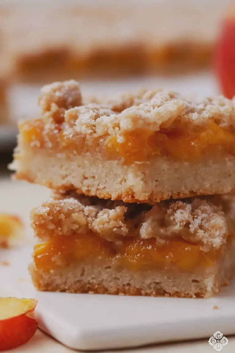 Delicious peach crumb bars with a golden brown topping and fresh peach slices on a wooden surface.