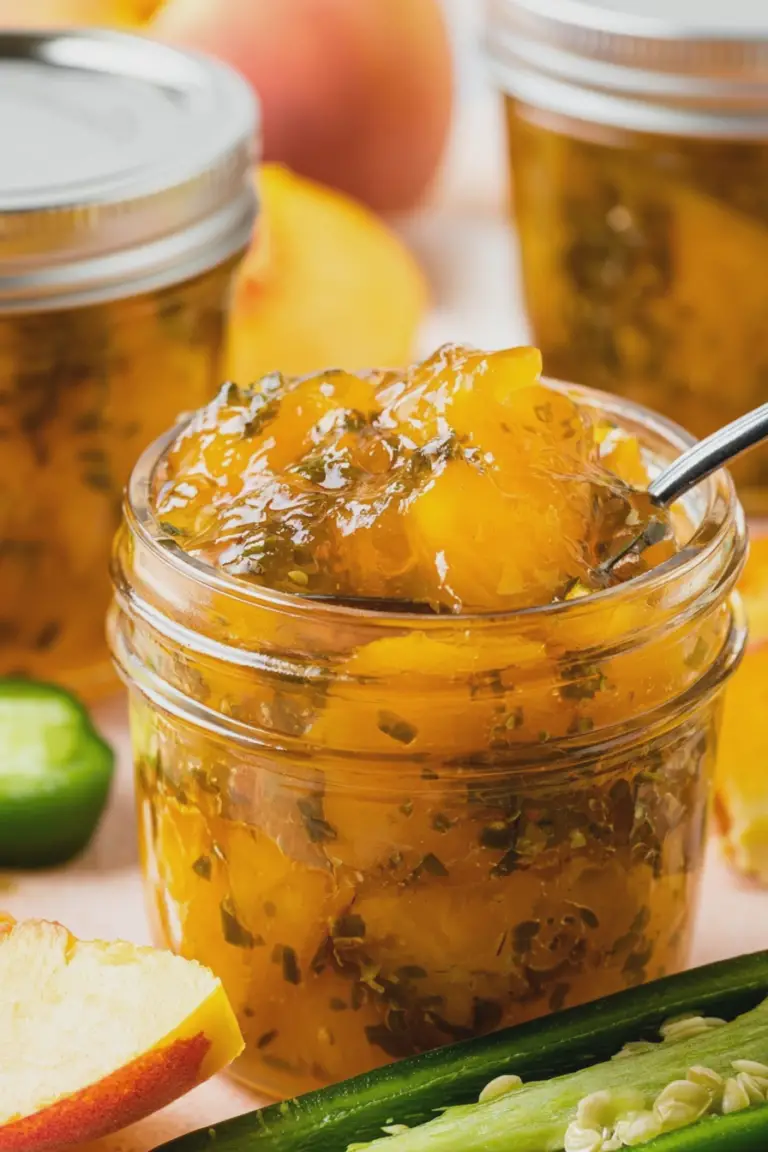 Jar of homemade peach jalapeno jam with fresh peaches and jalapenos on a rustic wooden table.