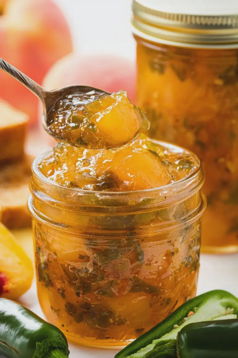 Jar of peach jalapeno jam surrounded by fresh peaches and jalapeno peppers on a wooden table.