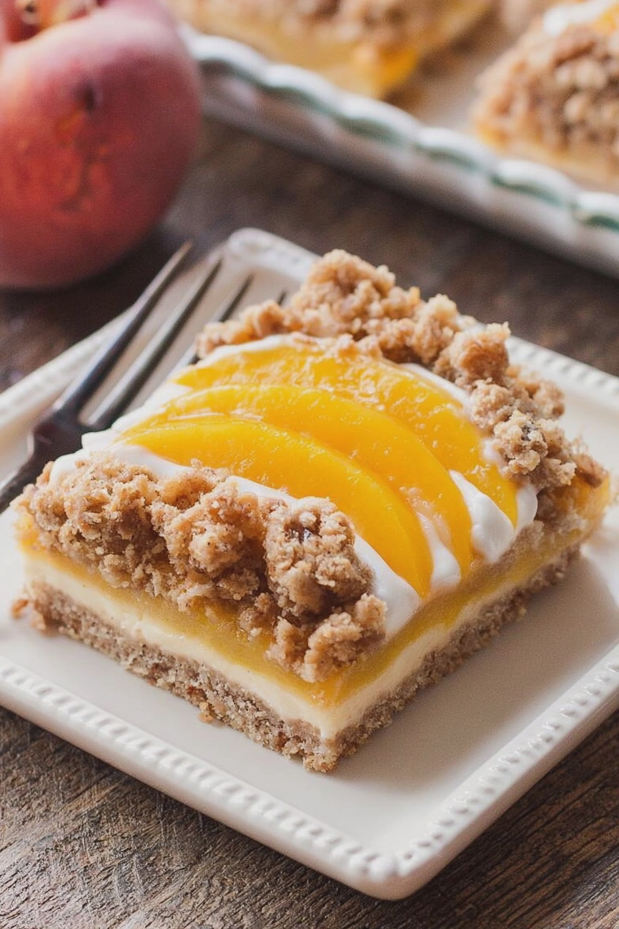 Delicious peach pie crumble bar slice served with fresh peaches and vanilla ice cream on a wooden table.