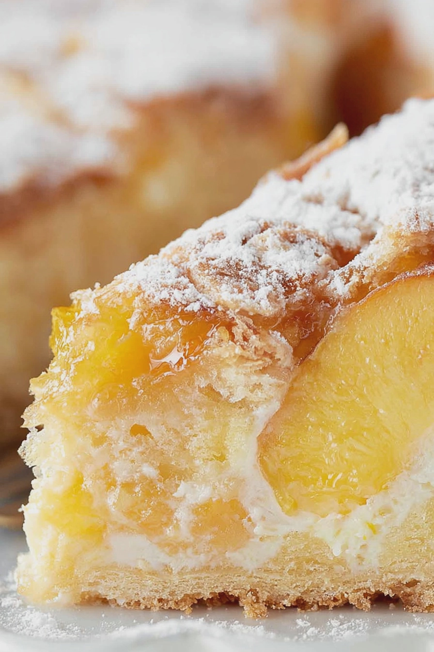 Sliced peaches and cream cake on wooden table garnished with fresh peach slices and icing sugar.