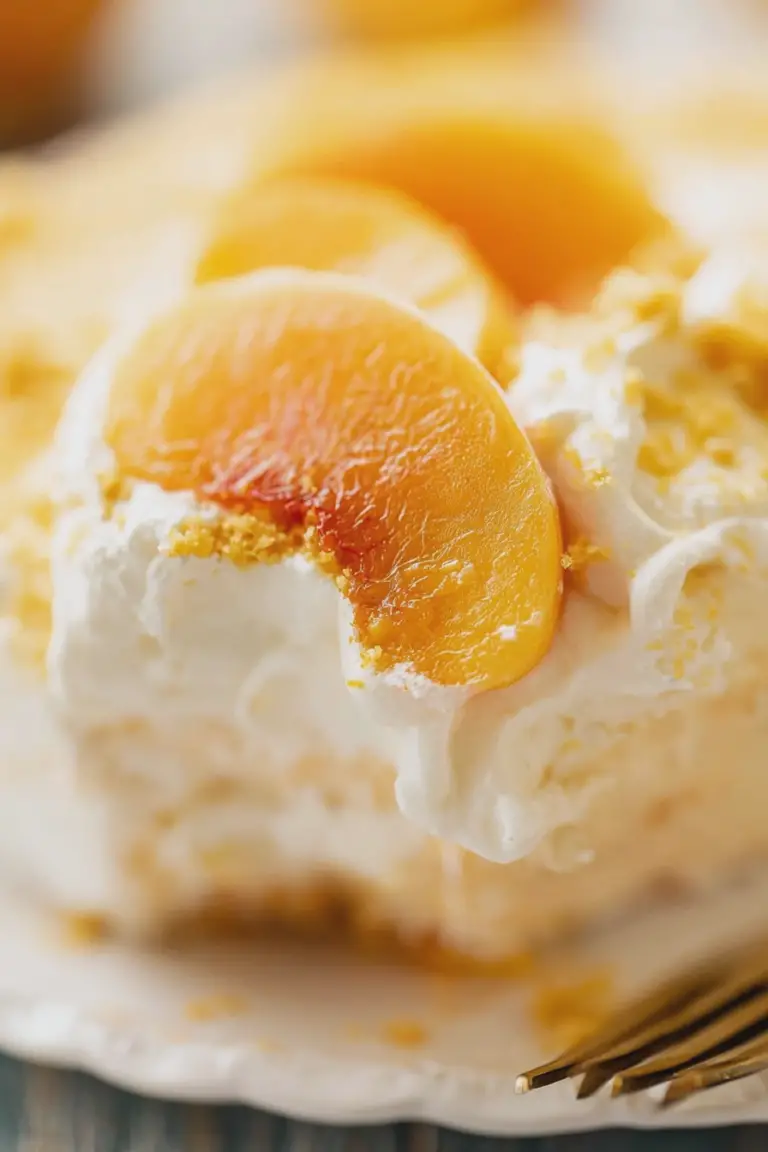 Close-up of a slice of peaches & cream dessert on a plate with fresh peaches and mint garnish