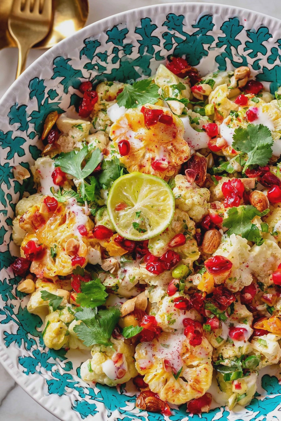 Bowl of roasted cauliflower salad with tahini dressing, pomegranate seeds, and parsley on a wooden table.