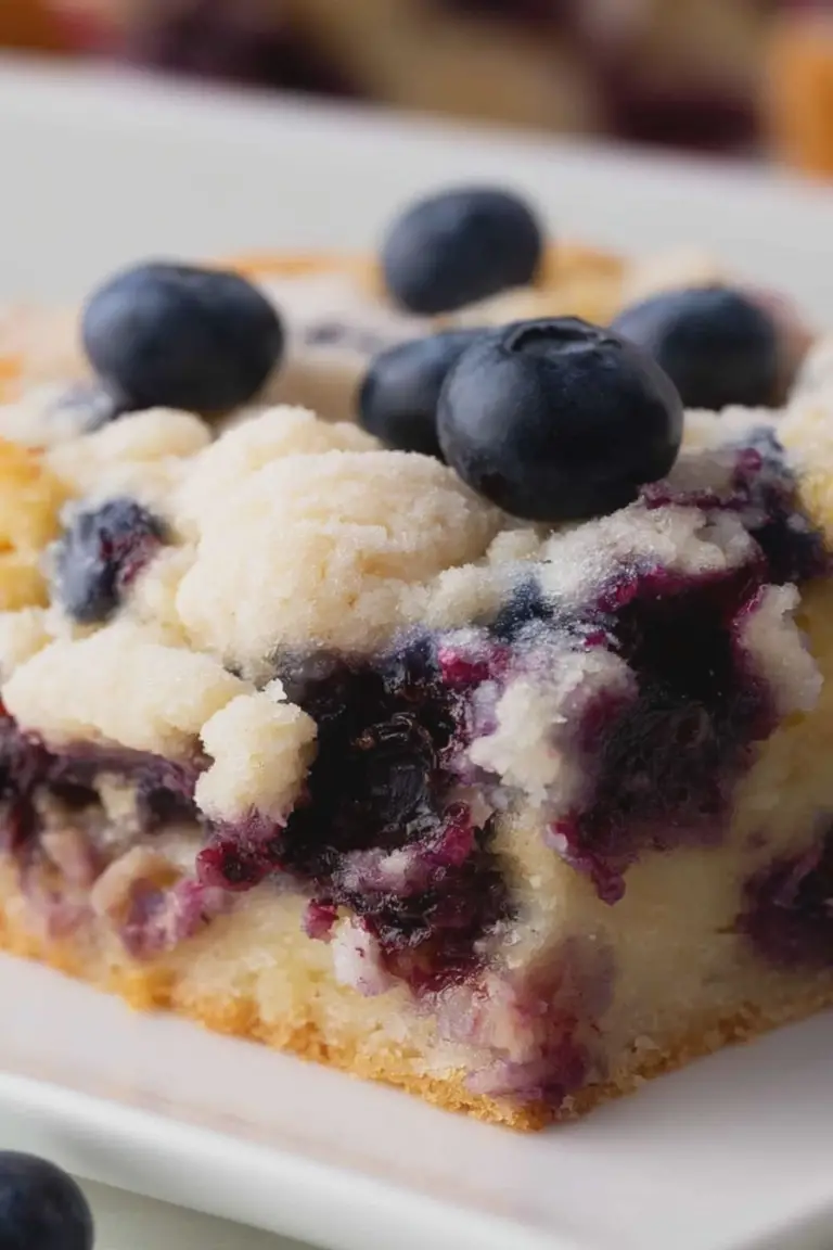 Sliced blueberry coffee cake served on a wooden table with fresh blueberries and coffee cup.