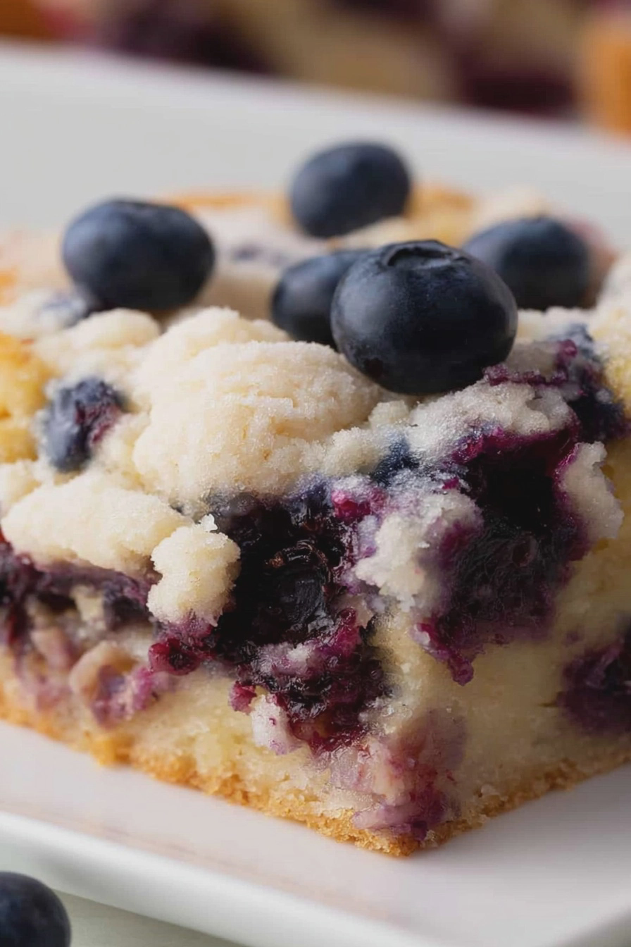 Sliced blueberry coffee cake served on a wooden table with fresh blueberries and coffee cup.