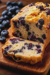 Sliced easy blueberry bread on a wooden cutting board with blueberries scattered around.