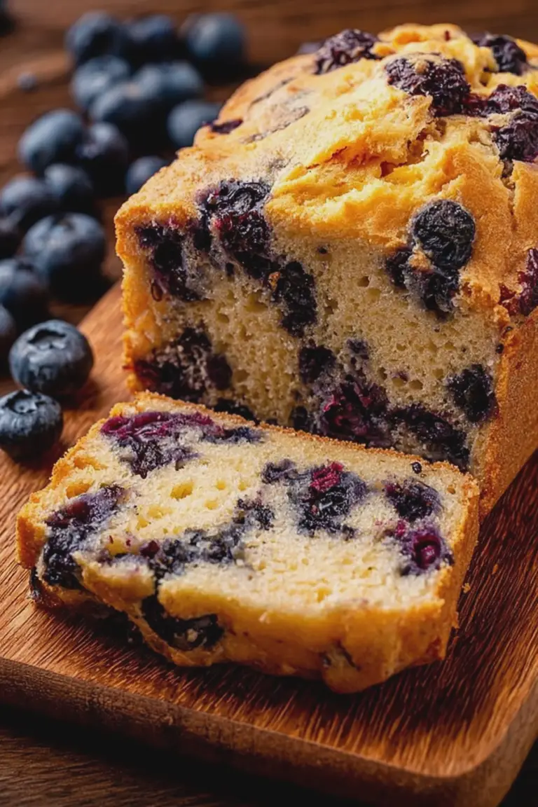 Sliced easy blueberry bread on a wooden cutting board with blueberries scattered around.
