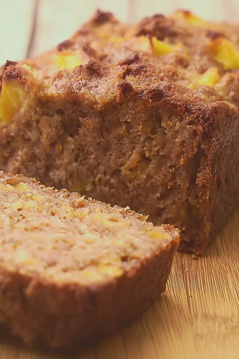 Sliced peach bread loaf on a wooden cutting board, highlighting fresh peach chunks and a moist texture, perfect for breakfast or snacks.