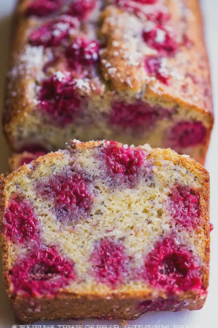Sliced raspberry bread showcasing juicy raspberries inside on a cutting board.