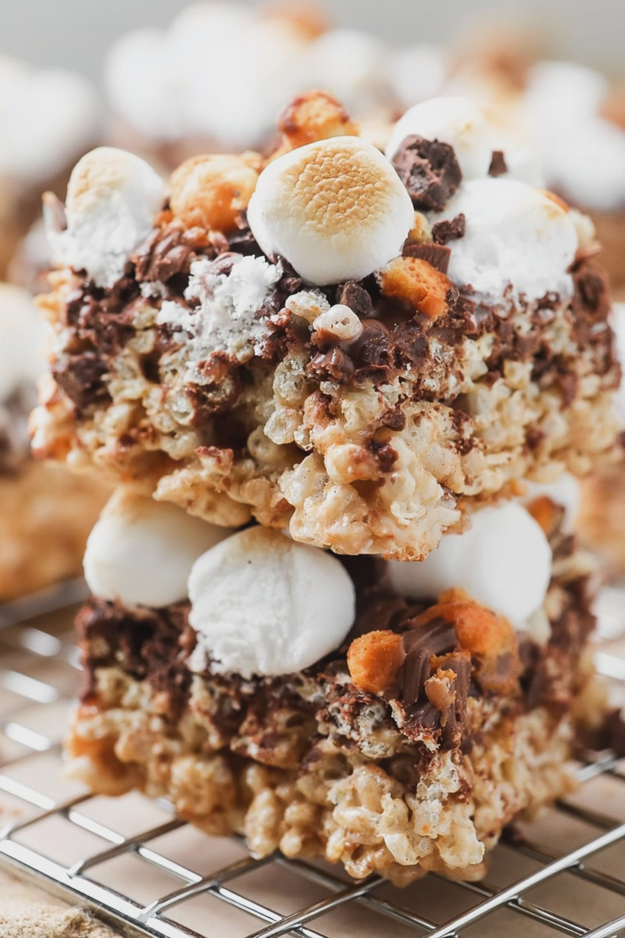 Delicious S'mores Rice Krispie Bars with chocolate drizzle and mini marshmallows on a rustic board.