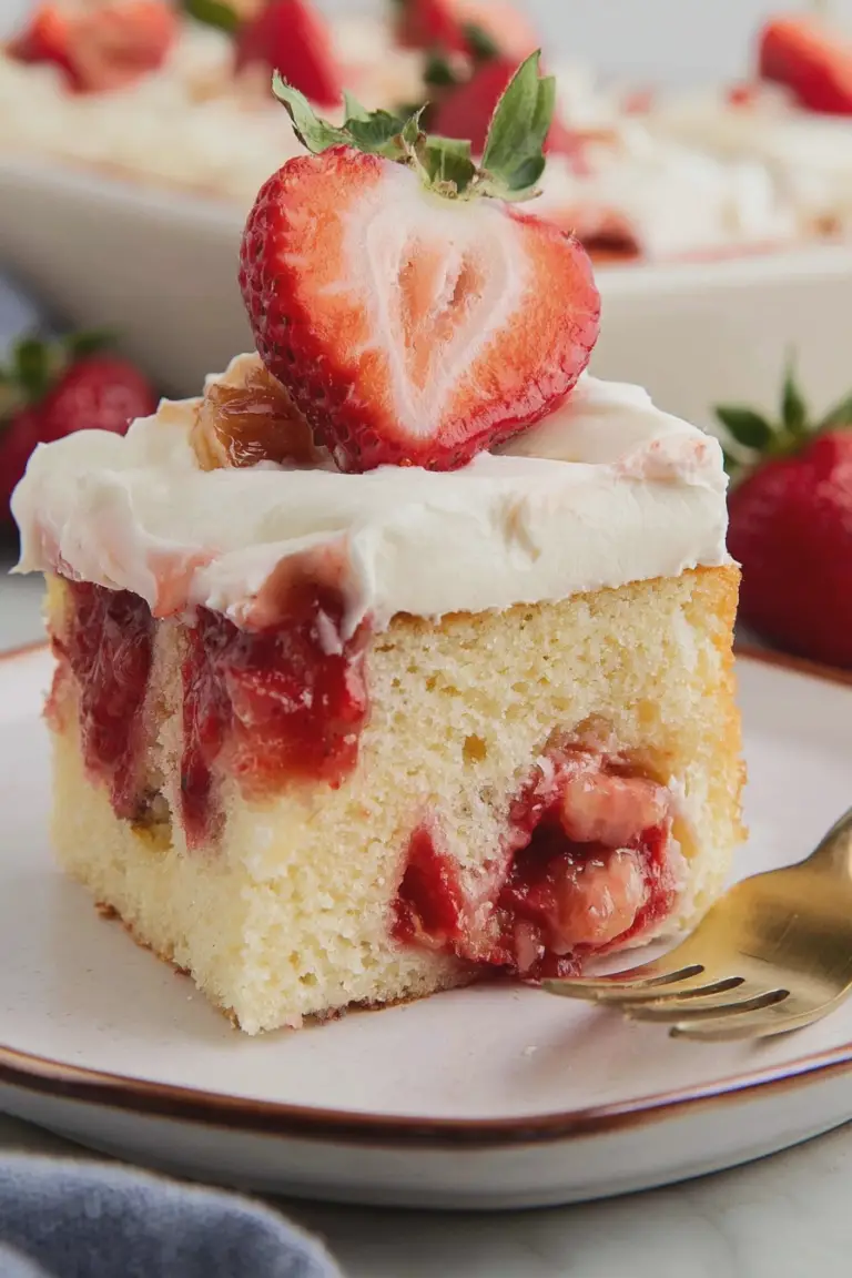 Close-up view of a moist strawberry poke cake with fresh strawberries and Chantilly cream on top.